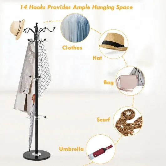 15 Hooks 70" Metal Coat Hat Jacket Stand Tree Holder Hanger Rack w/ Marble Base