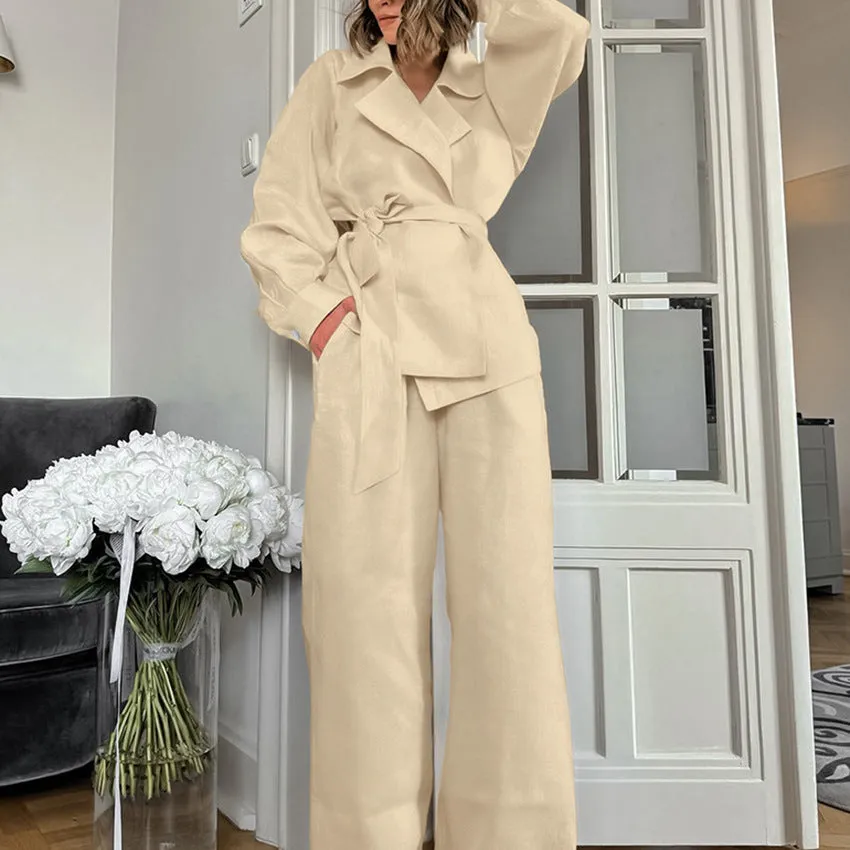 2024 Autumn Cotton Linen Set Commuter Loose Khaki Wrap Tie Jacket Long Pants Two-Piece Women’s Suit