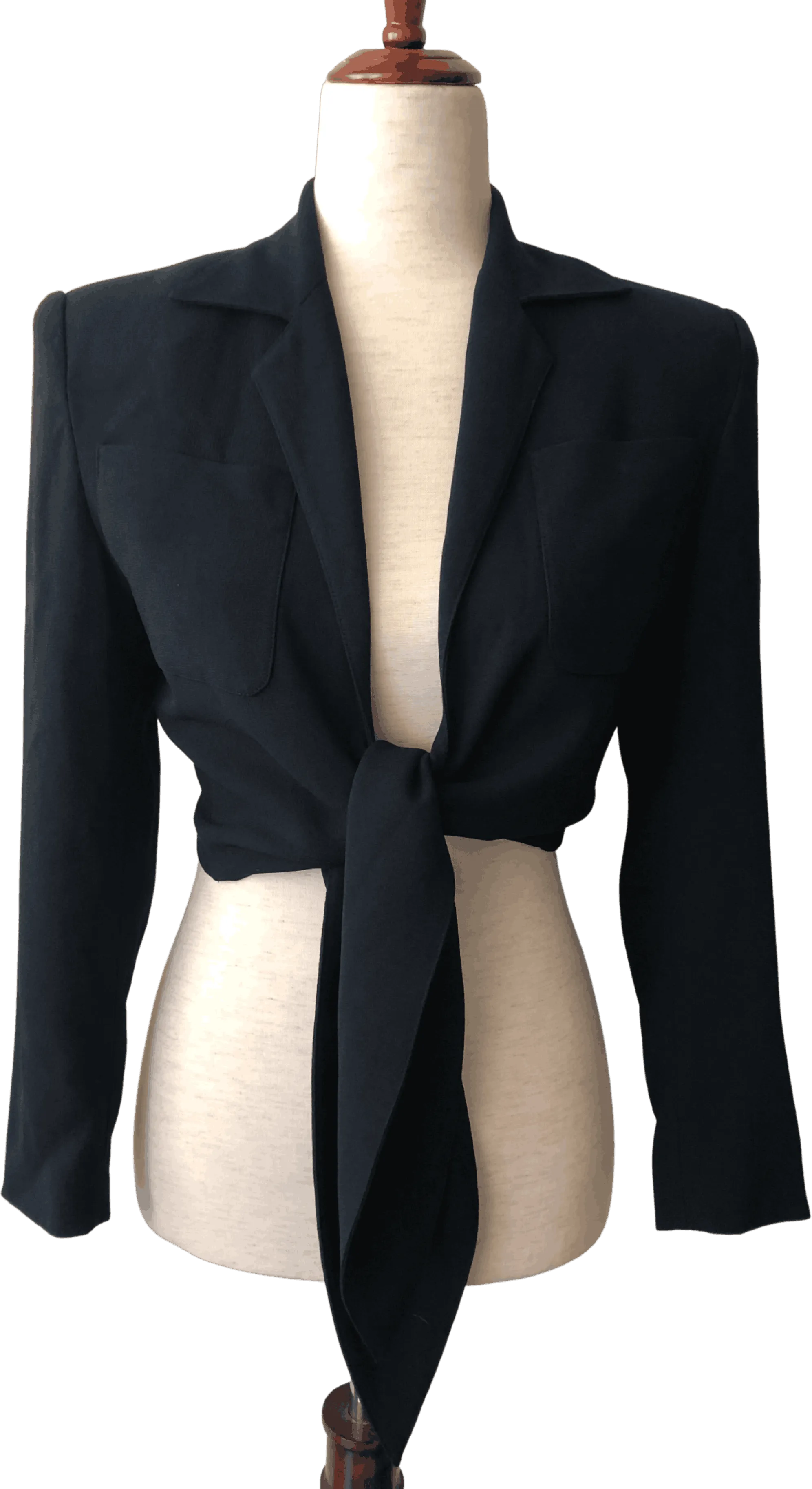 '90s Black Cropped Tie Front Jacket by Kenar