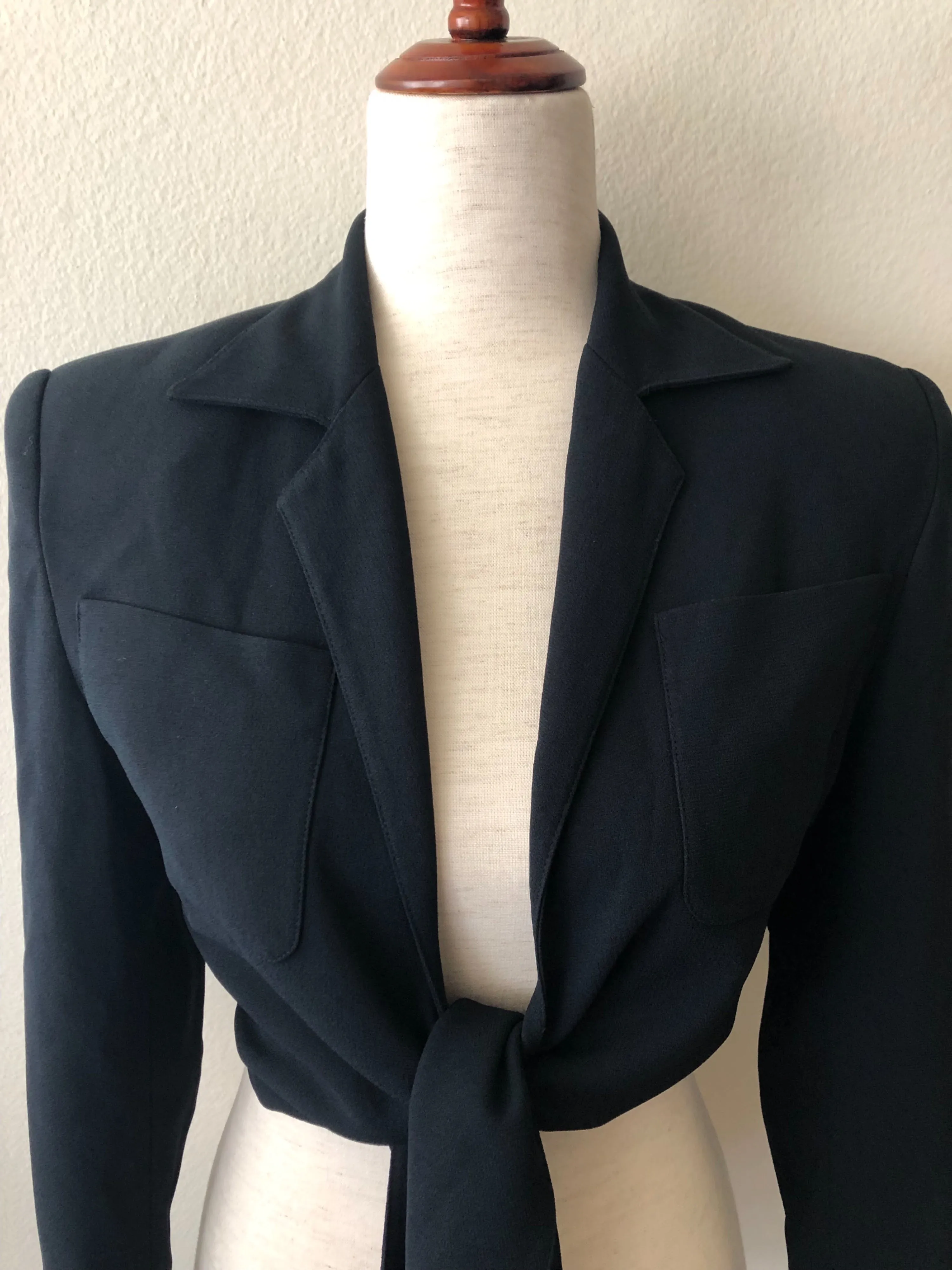 '90s Black Cropped Tie Front Jacket by Kenar