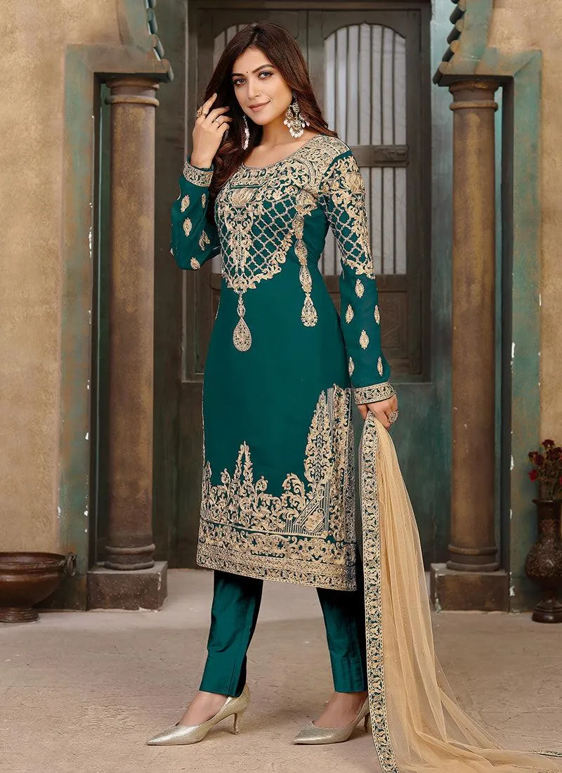 Alluring Georgette Base Green Color Pant Style Salwar Suit With Dori Work