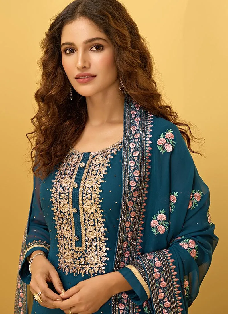 Alluring Teal Blue Color Georgette Fabric Stone Work Pant Style Suit