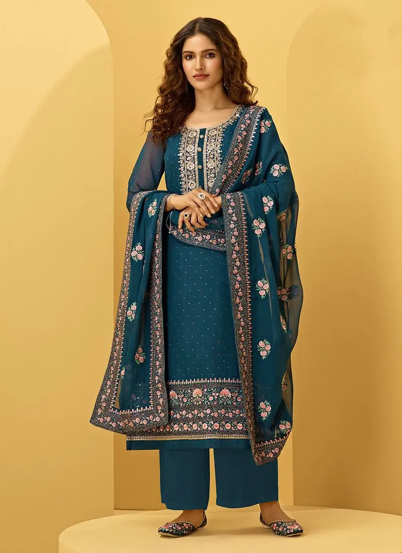 Alluring Teal Blue Color Georgette Fabric Stone Work Pant Style Suit