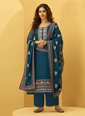 Alluring Teal Blue Color Georgette Fabric Stone Work Pant Style Suit