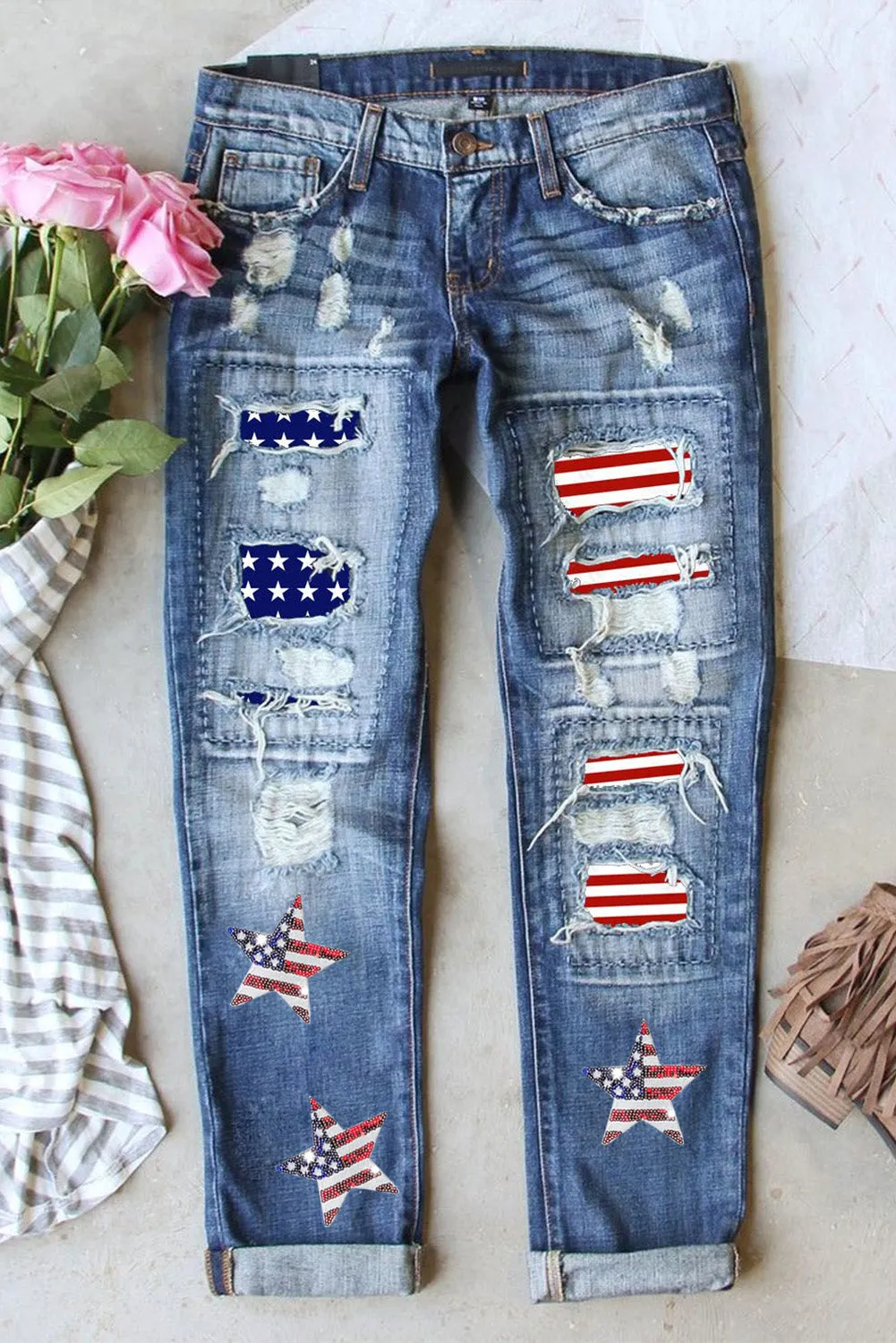 Patriotic American Flag Star Graphic Straight Leg Jeans for Men/Women - Stylish Casual Denim Pants