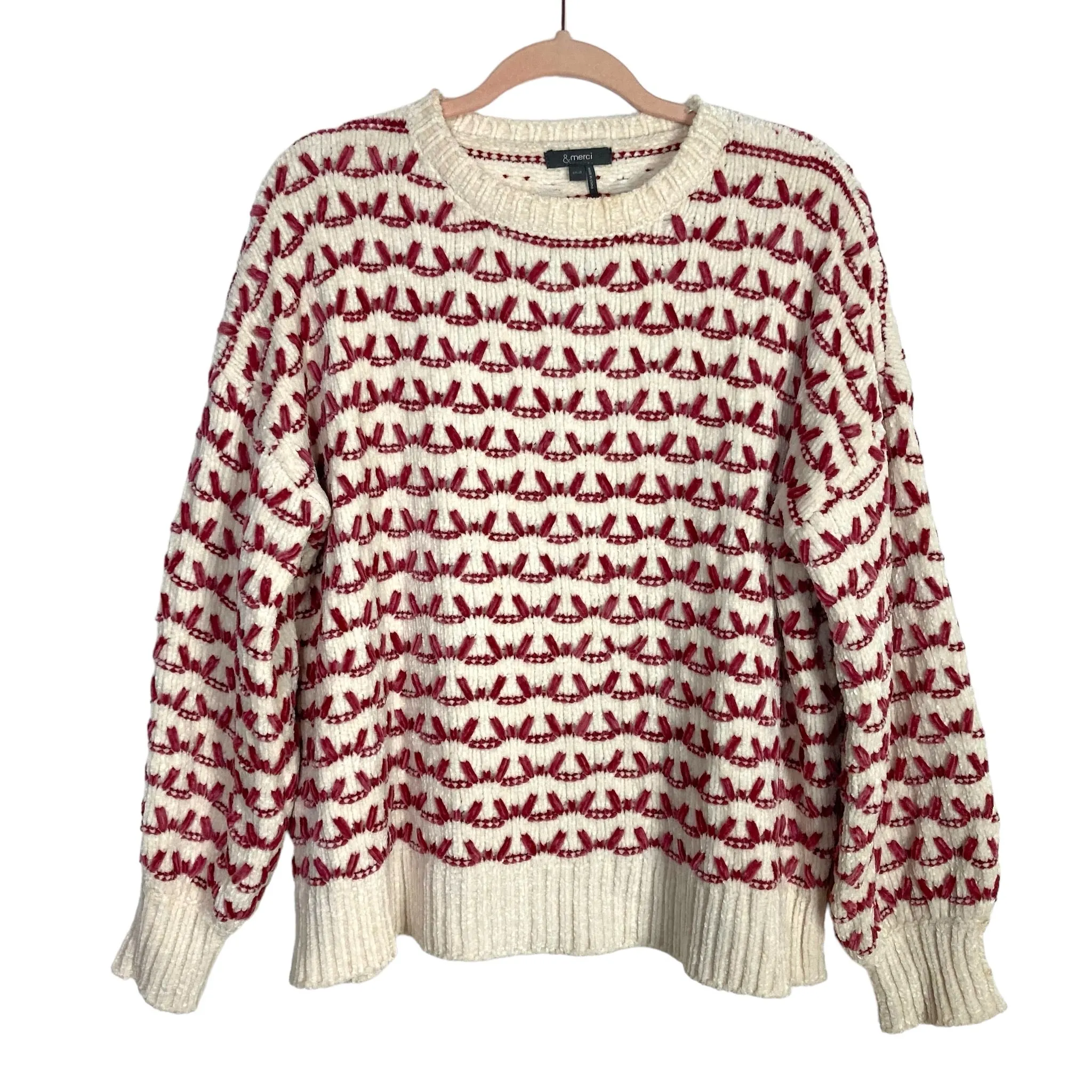 &Merci Cream Pink Print Chenille Sweater- Size S