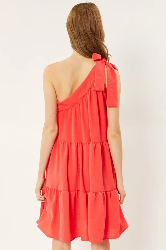 Asymmetrical Tie Shoulder Tiered Dress