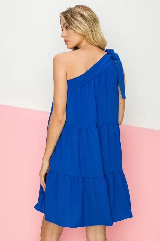 Asymmetrical Tie Shoulder Tiered Dress