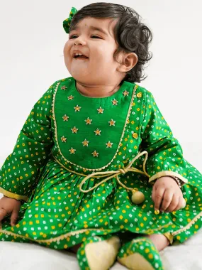 Baby Girl Bandhani Printed Angrakha Suit Set-Green