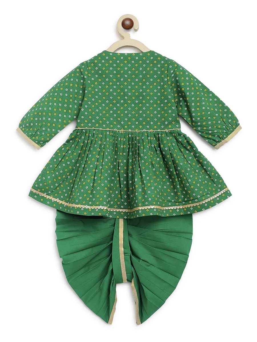 Baby Girl Bandhani Printed Angrakha Suit Set-Green