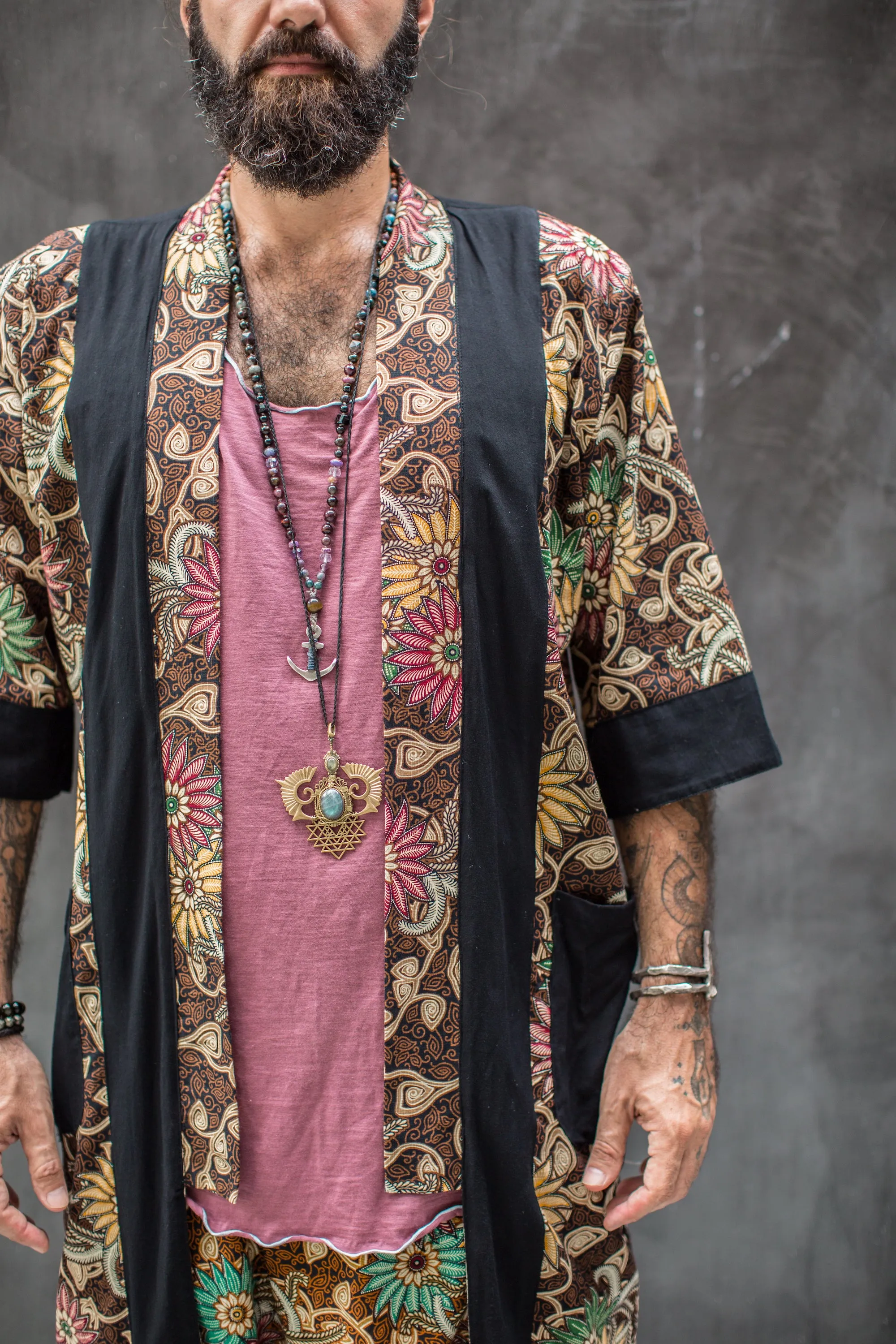 BALI SPIRIT KIMONO - Brown Batik Tropical Print Cotton Cardigan