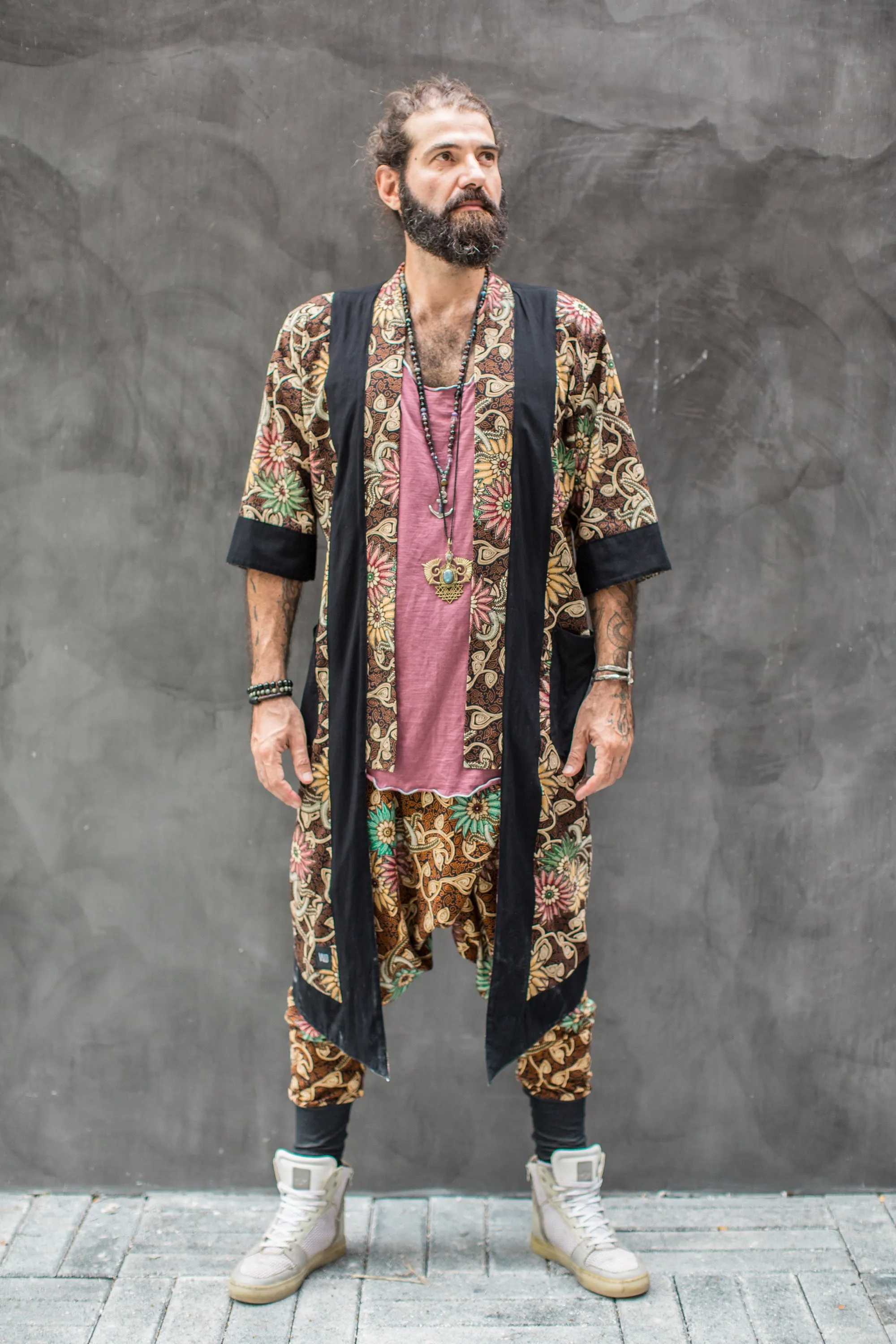 BALI SPIRIT KIMONO - Brown Batik Tropical Print Cotton Cardigan