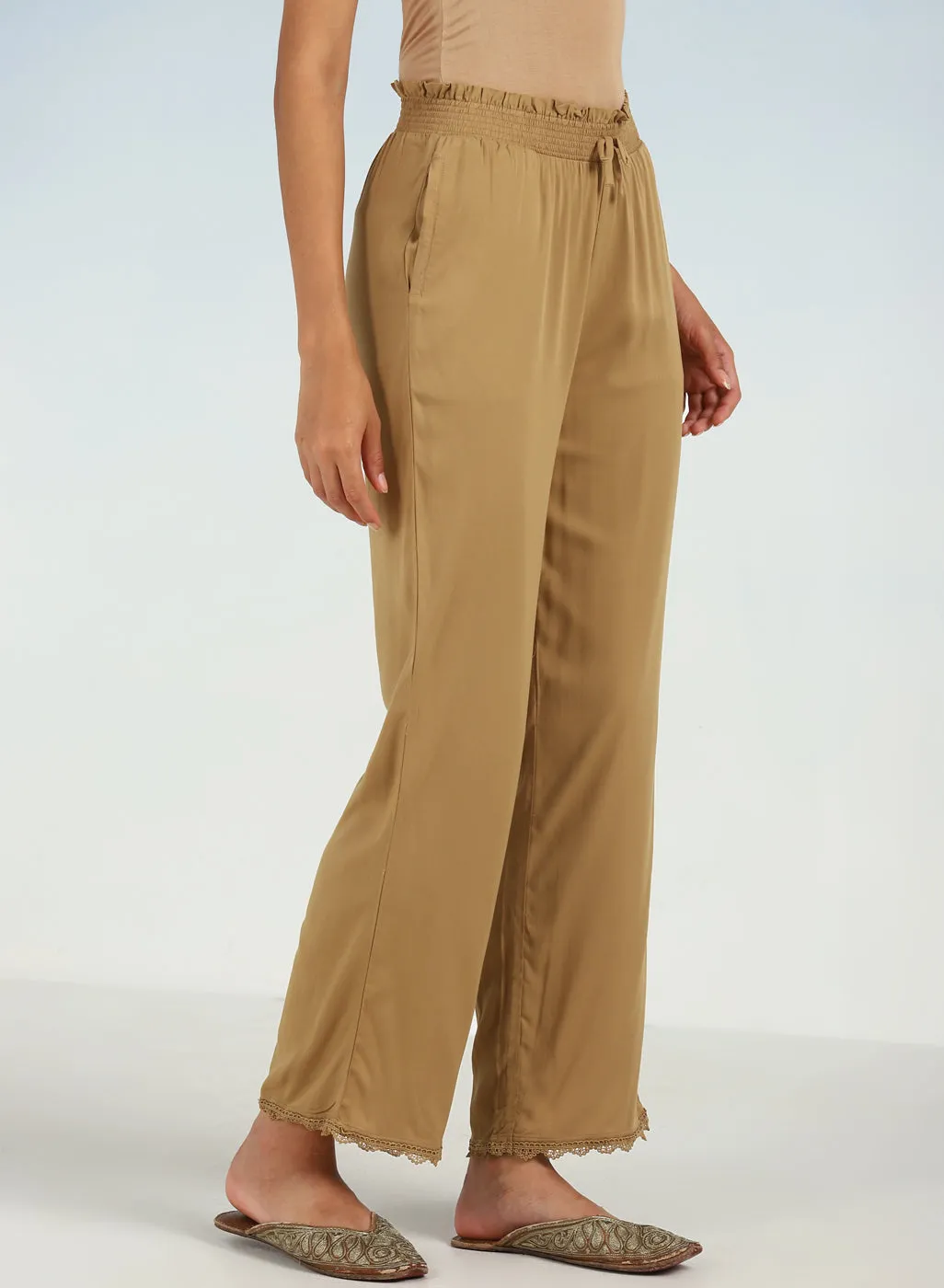 Beige Ankle-length Pants for Women with drawstring Waist and Lace Work on the Hem