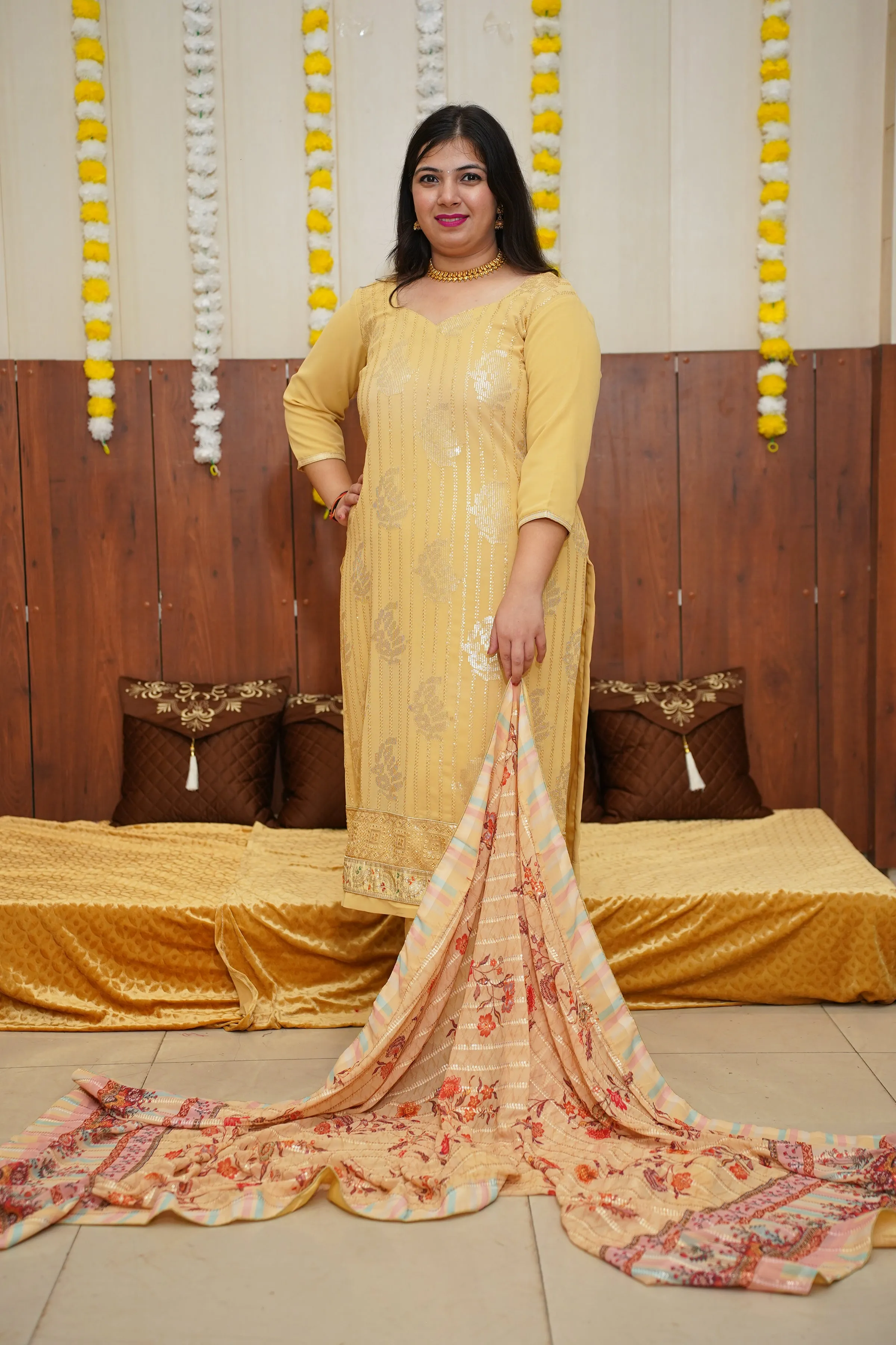 Beige Gold Georgette Fancy Suit