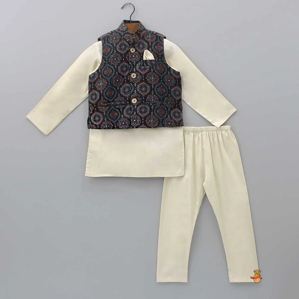 Beige Kurta With Multicolour Jacket And Pyjama