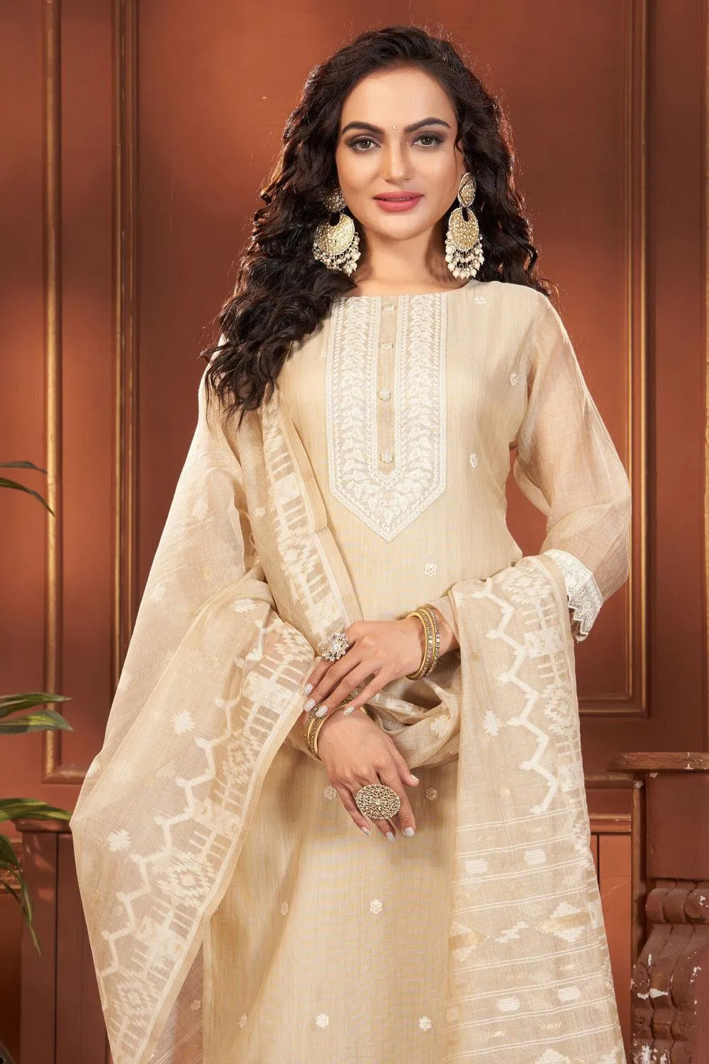 Beige Sequins and Thread work Straight Cut Salwar Suit