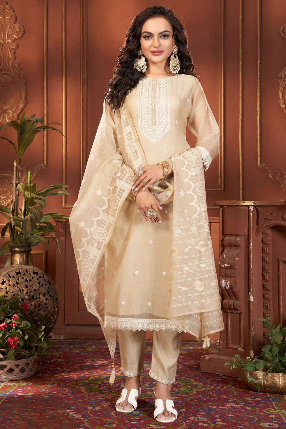 Beige Sequins and Thread work Straight Cut Salwar Suit