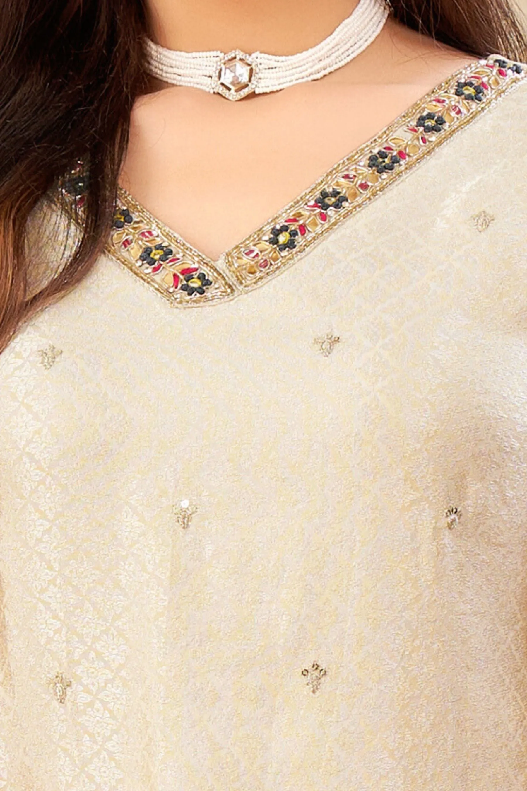 Beige Sequins, Zari, Zardozi and Gota Patti work Straight Cut Salwar Suit