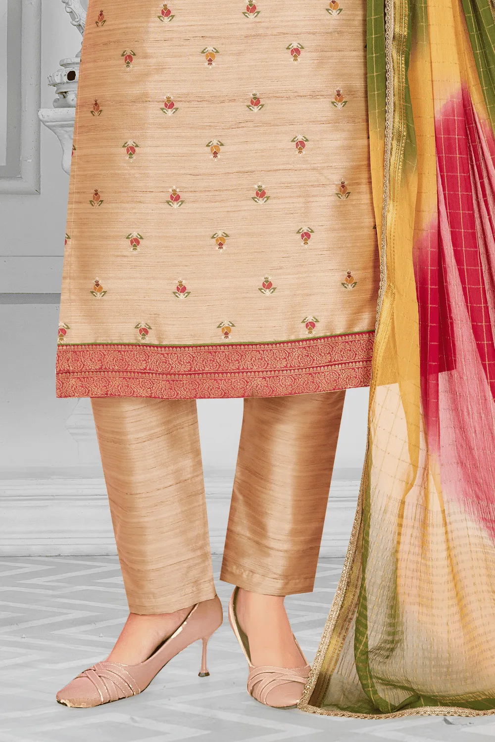 Beige Stone, Banaras, Beads and Thread work Straight Cut Salwar Suit