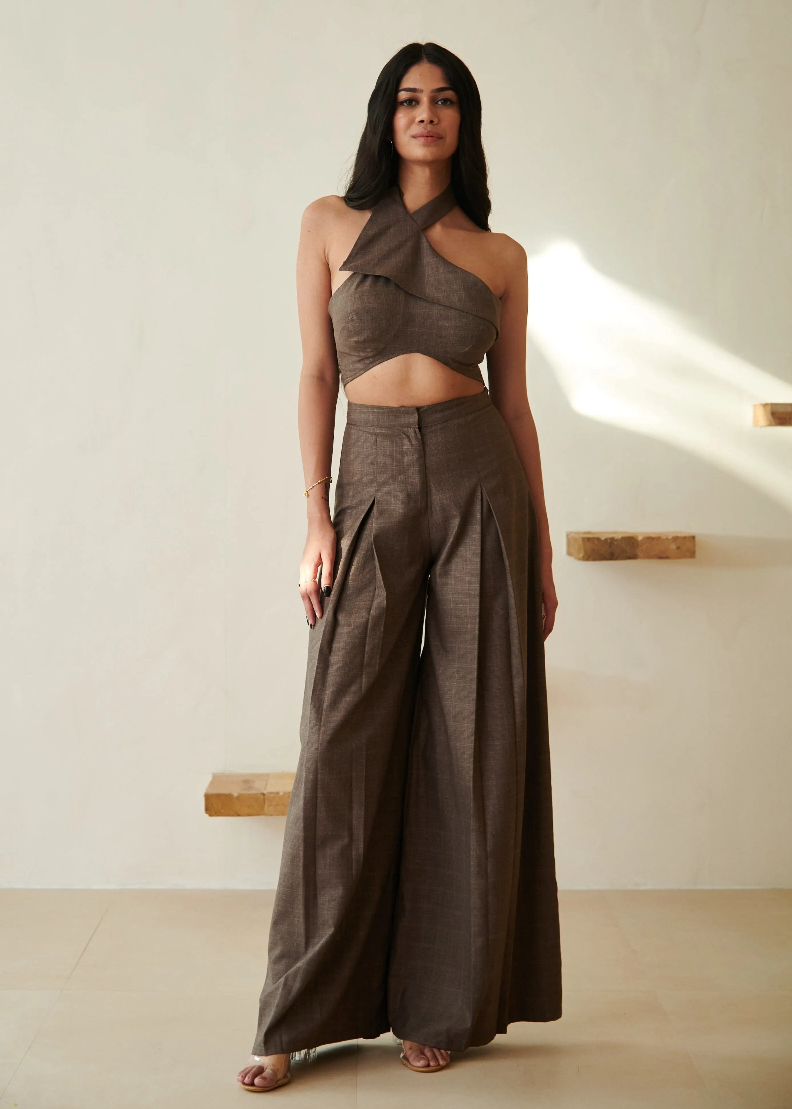 Belinda Brown Halter Crop Top and Wide Leg Pants Set