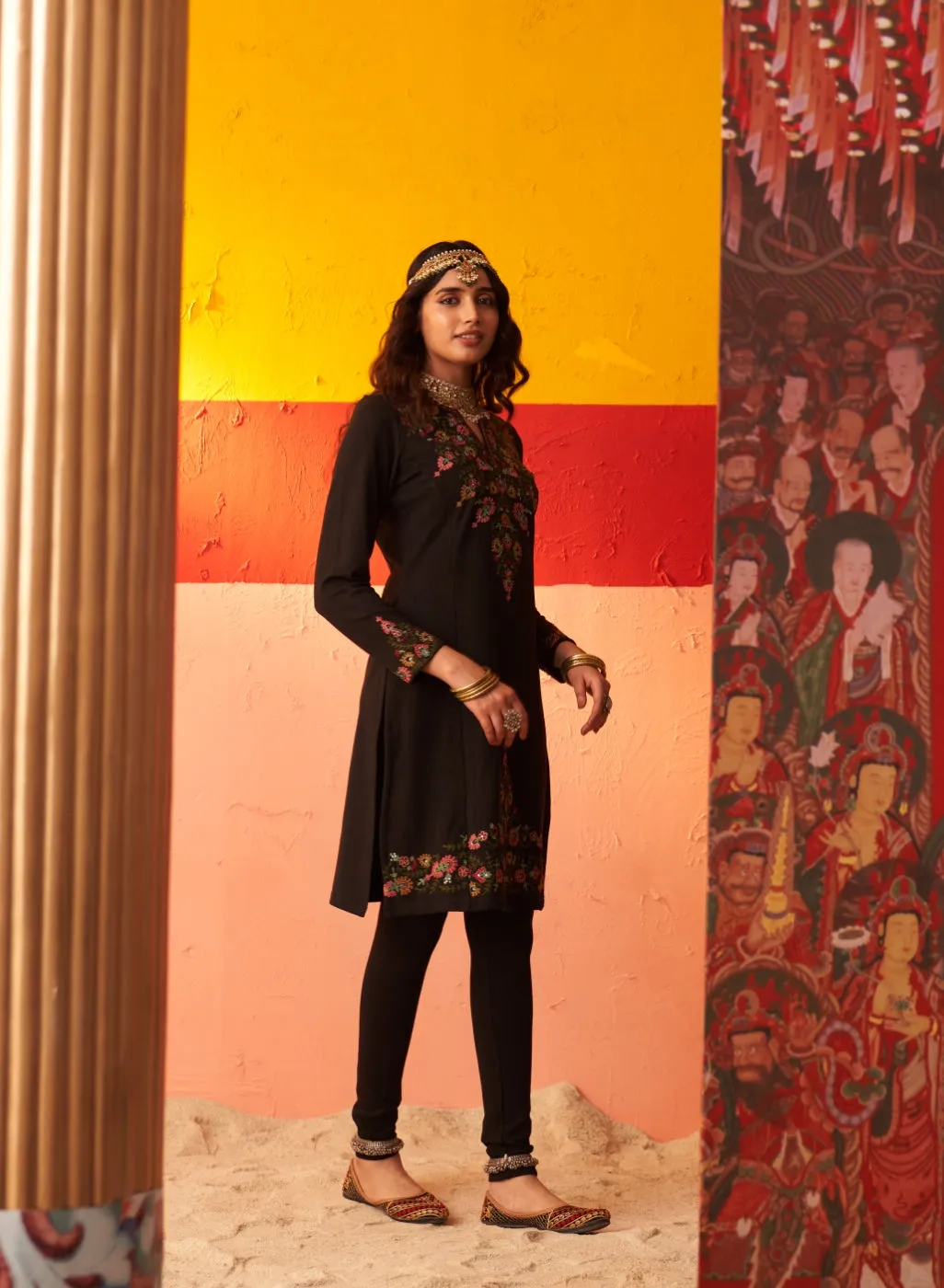 Black Embroidered Woollen Kurti for Women