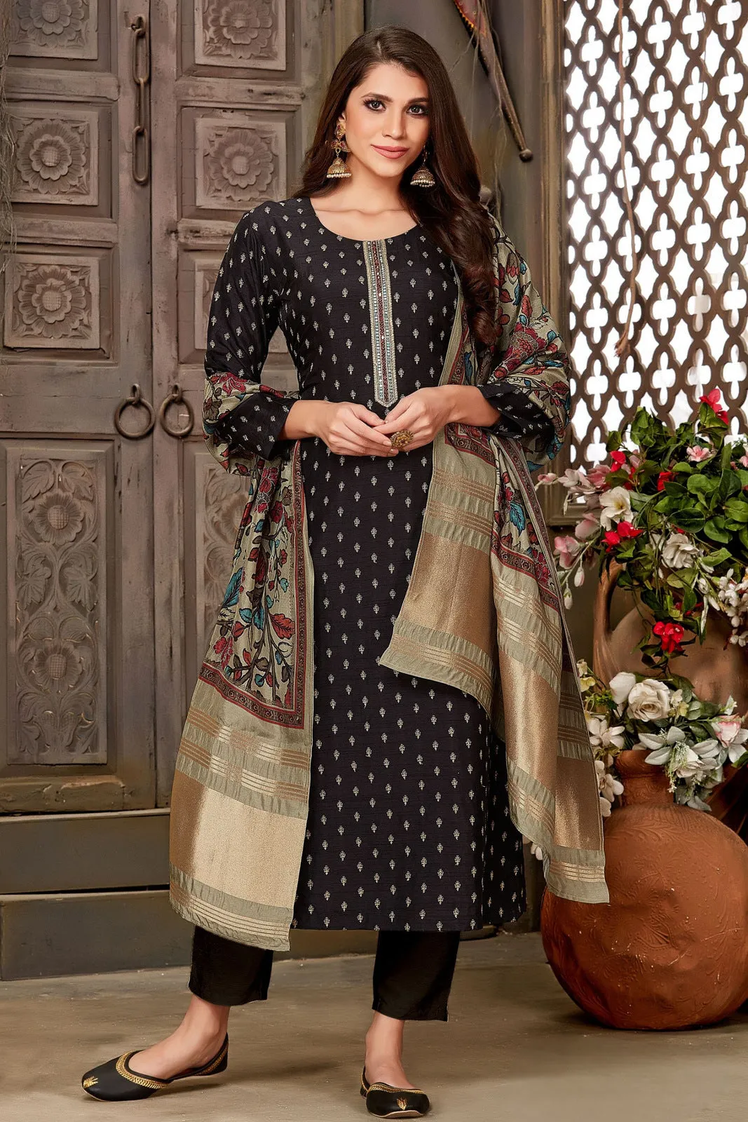 Black Zari and Sequins work Straight Cut Salwar Suit with Kalamkari Print Dupatta