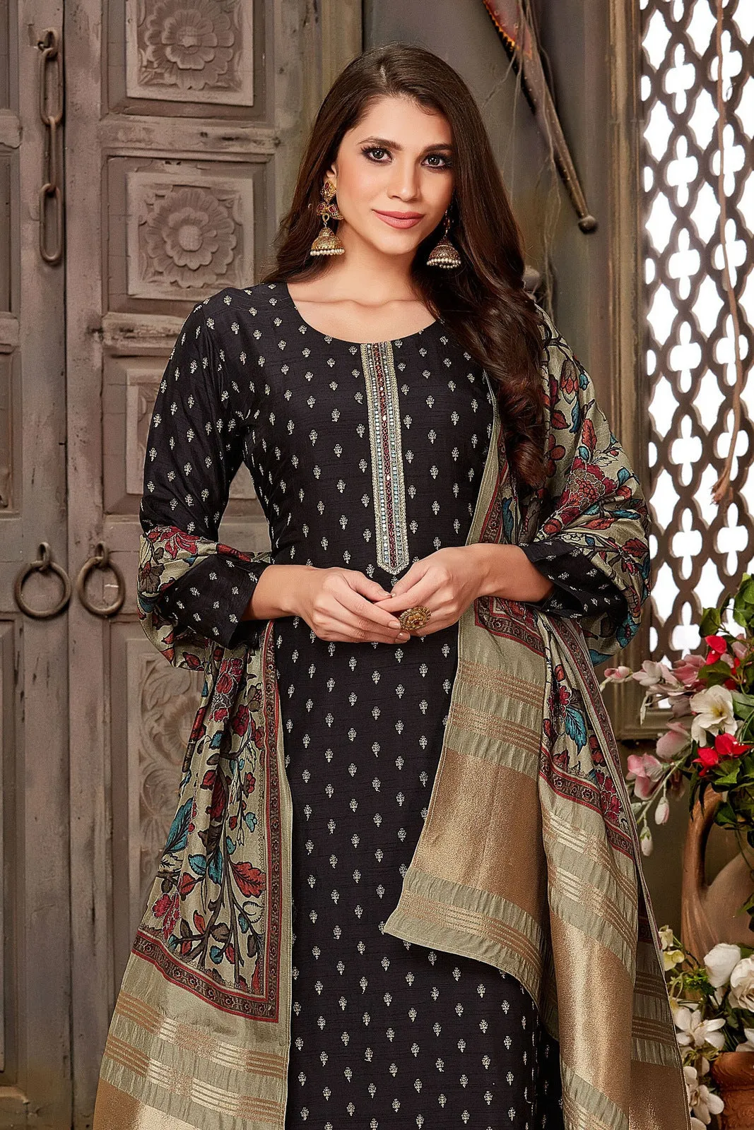 Black Zari and Sequins work Straight Cut Salwar Suit with Kalamkari Print Dupatta