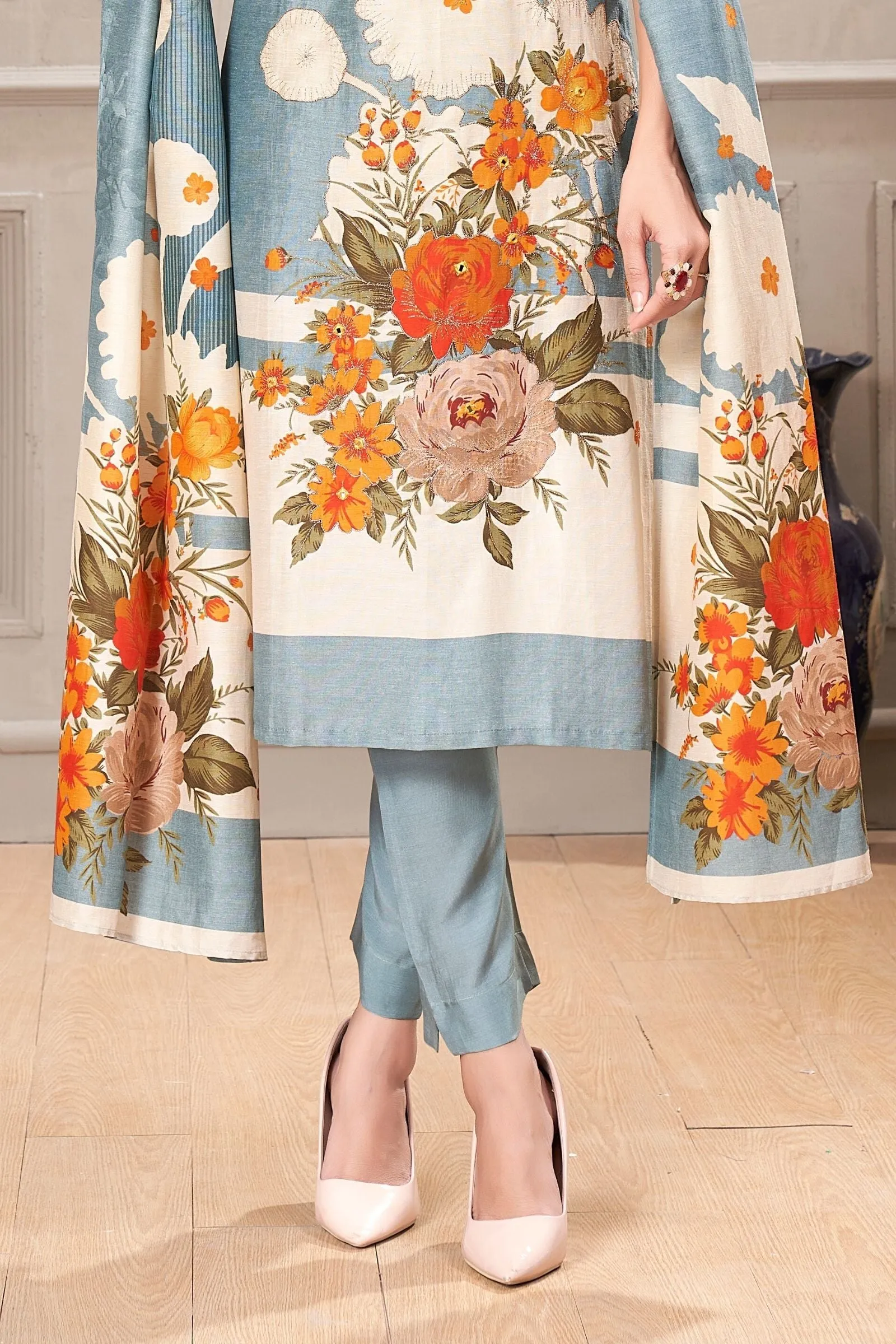 Blue Floral Print and Zari work Straight Cut Salwar Suit