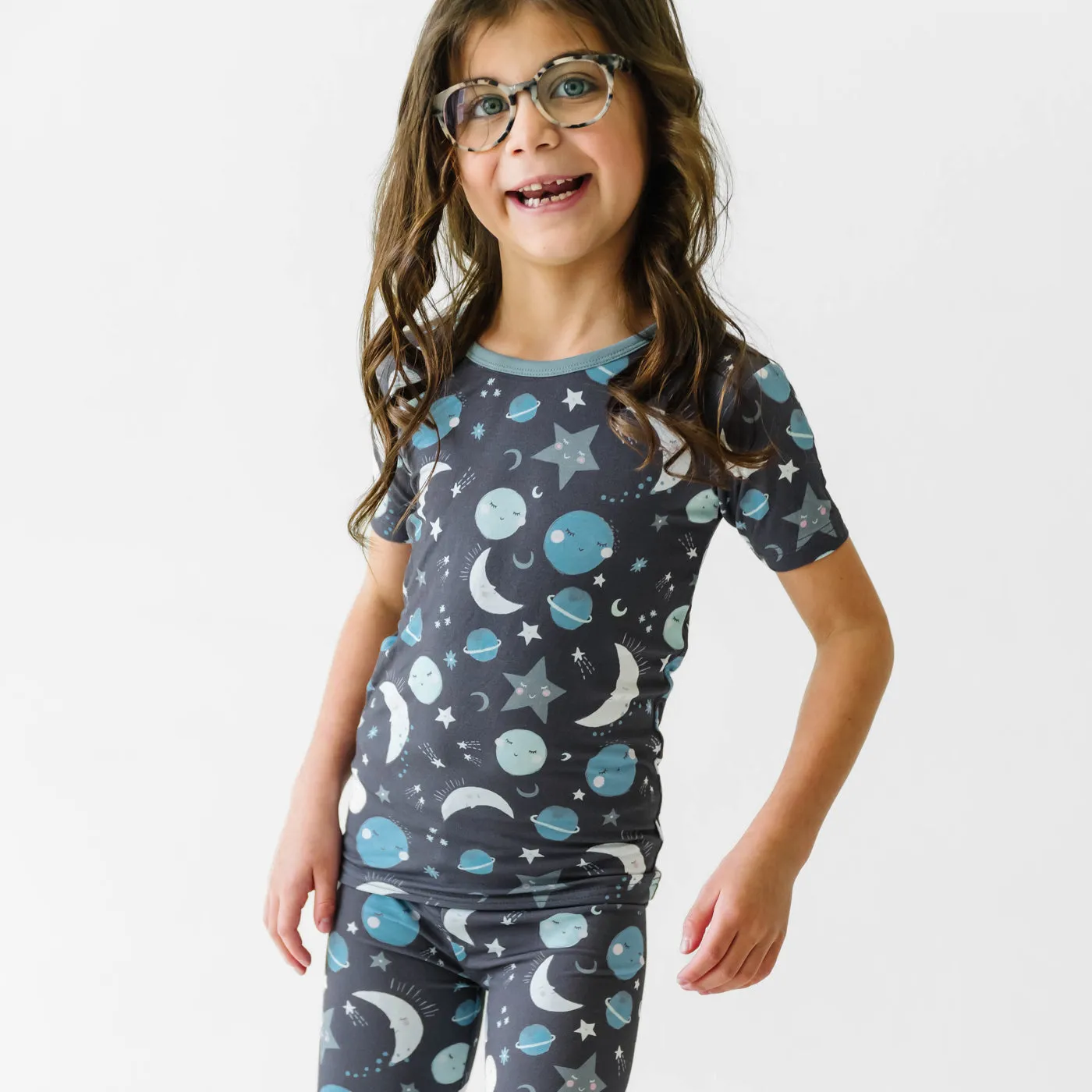 Blue To the Moon & Back Two-Piece Short Sleeve Pajama Set