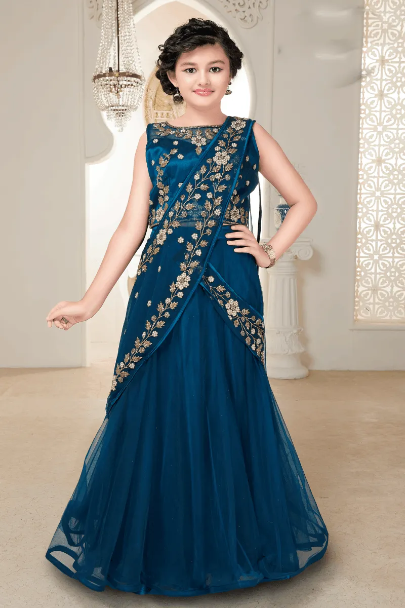 Blue with Stone and Bead work Half Saree Styled Lehenga Choli for Girls