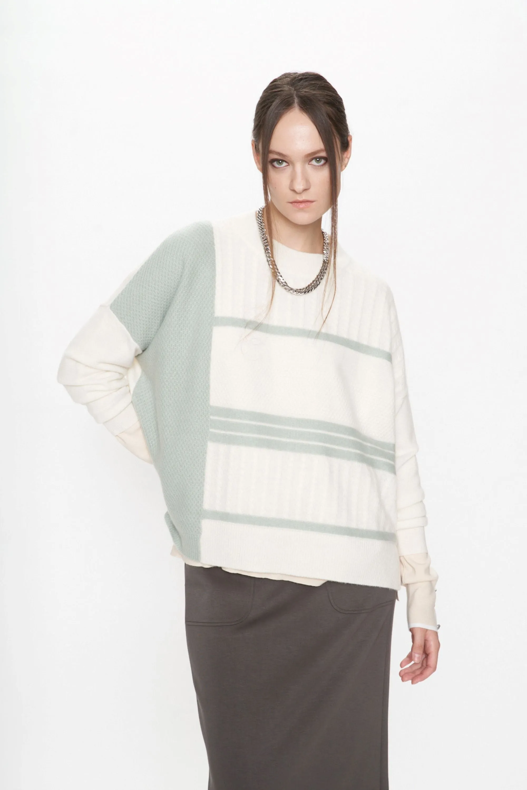 Cashmere Border Mix Cable Knit Top