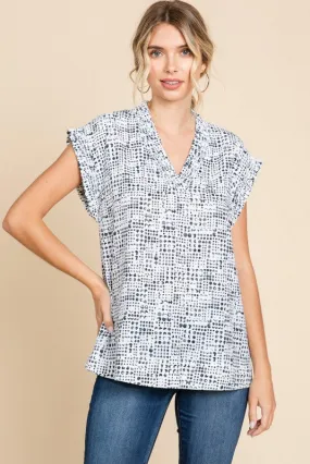 Circle Print V-Neck Frill Detail Shirt - Wht/Blk