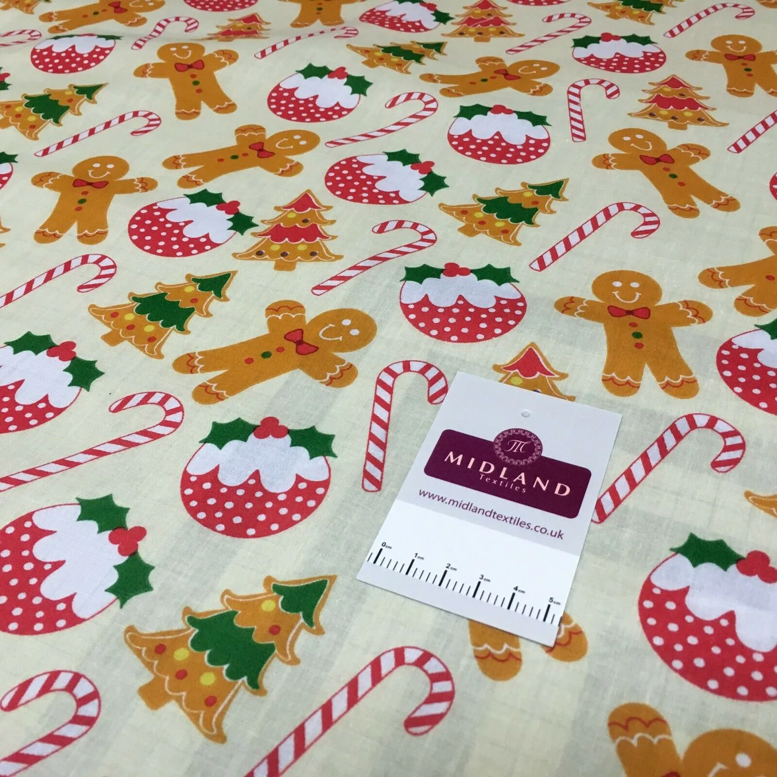 Cream gingerbread Candy Cane Christmas Printed Polycotton Fabric 110 cm MD1514