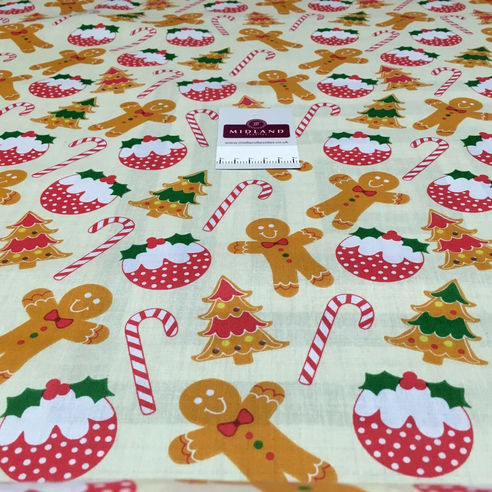 Cream gingerbread Candy Cane Christmas Printed Polycotton Fabric 110 cm MD1514