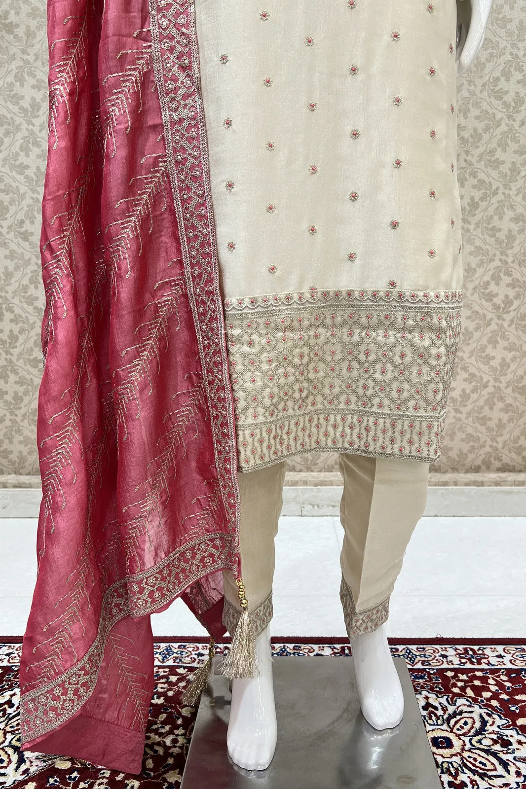 Cream Zari, Sequins, Mirror, Beads and Zardozi work Straight Cut Salwar Suit