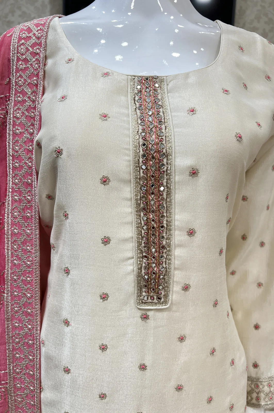 Cream Zari, Sequins, Mirror, Beads and Zardozi work Straight Cut Salwar Suit