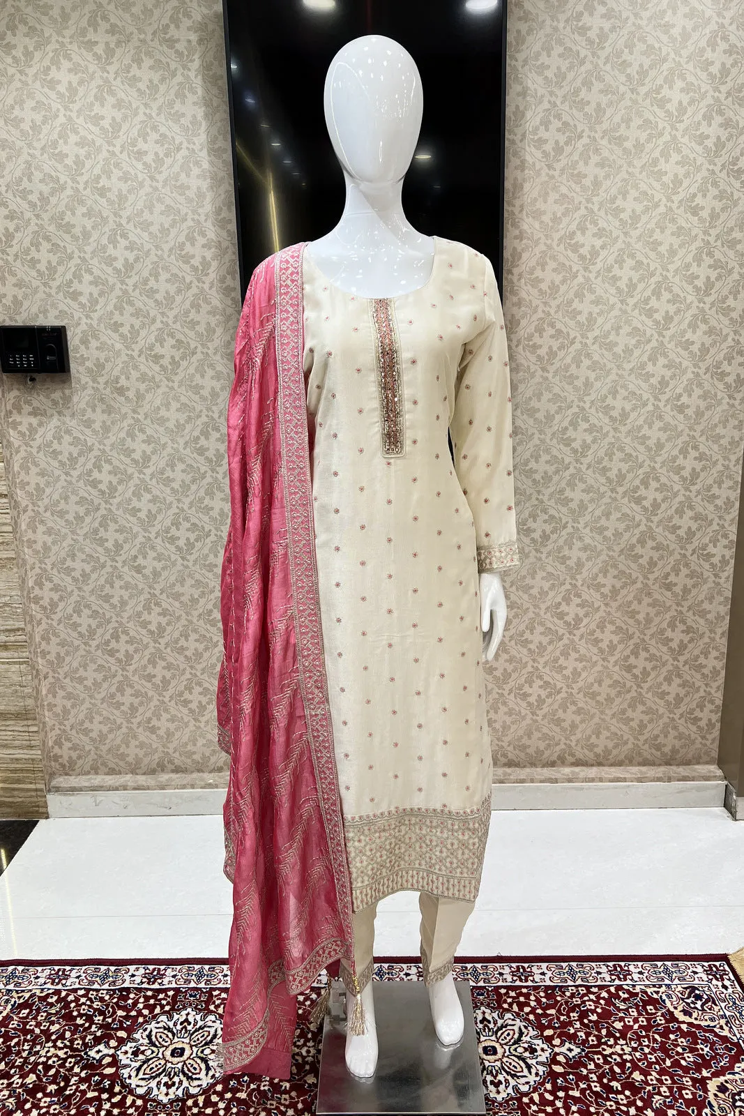 Cream Zari, Sequins, Mirror, Beads and Zardozi work Straight Cut Salwar Suit