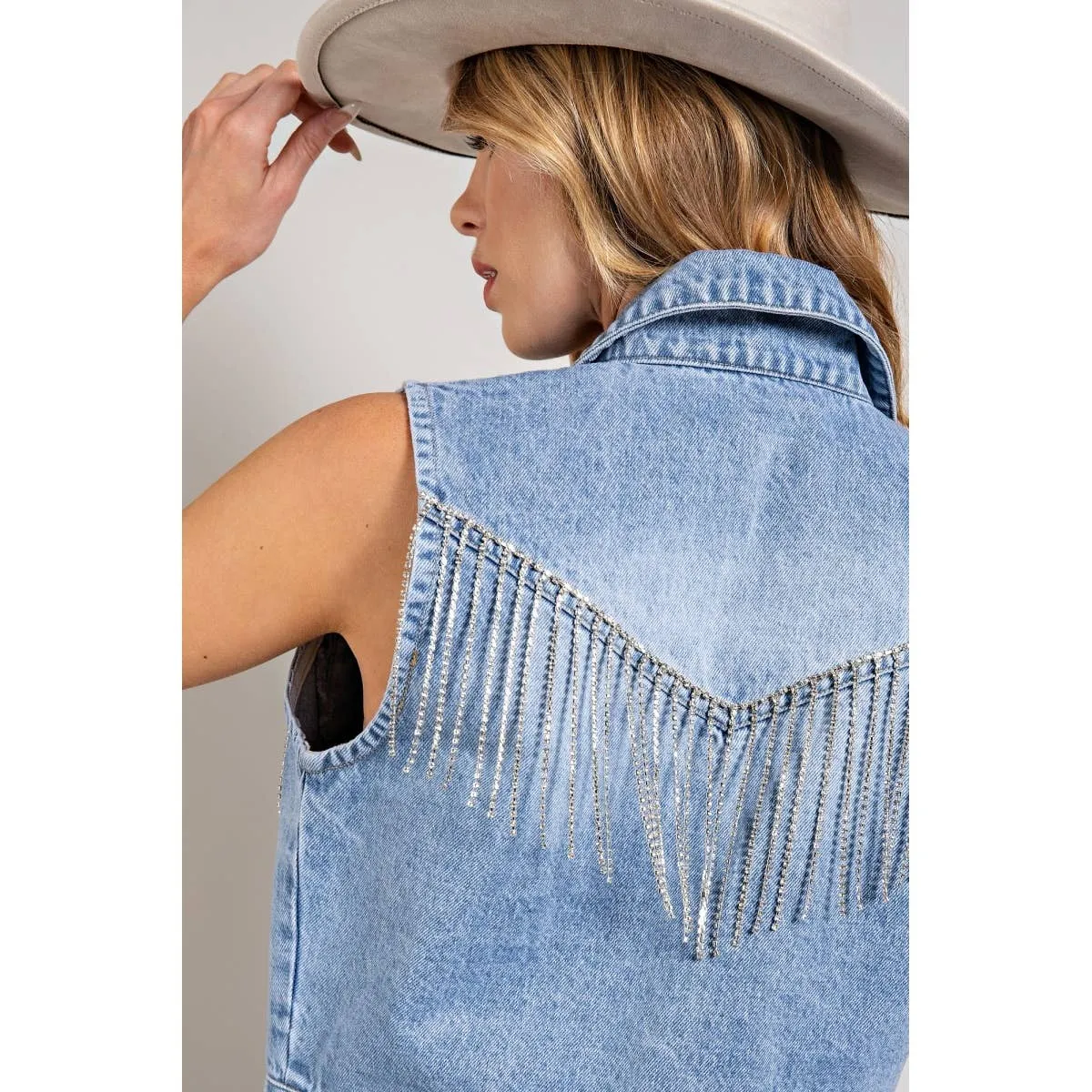 CROP DENIM VEST WITH RHINESTONE FRINGE