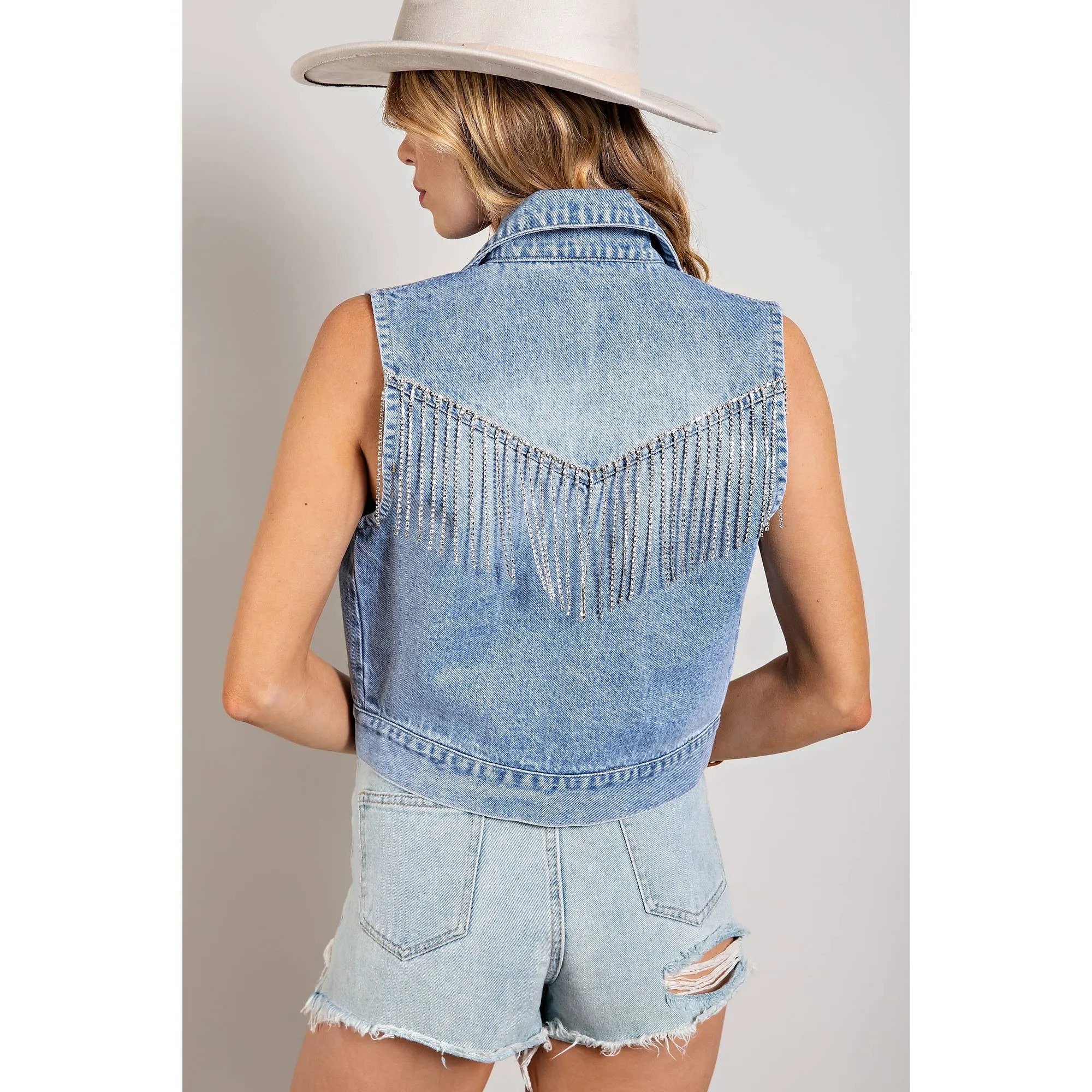 CROP DENIM VEST WITH RHINESTONE FRINGE