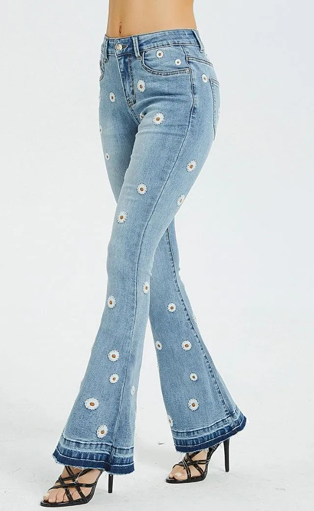 Daisy Embroidered Bell Bottom Stretch denim jeans