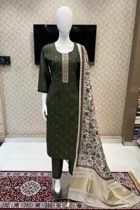 Dark Green Thread, Zari, Zardozi, Sequins and Beads work Straight Cut Salwar Suit