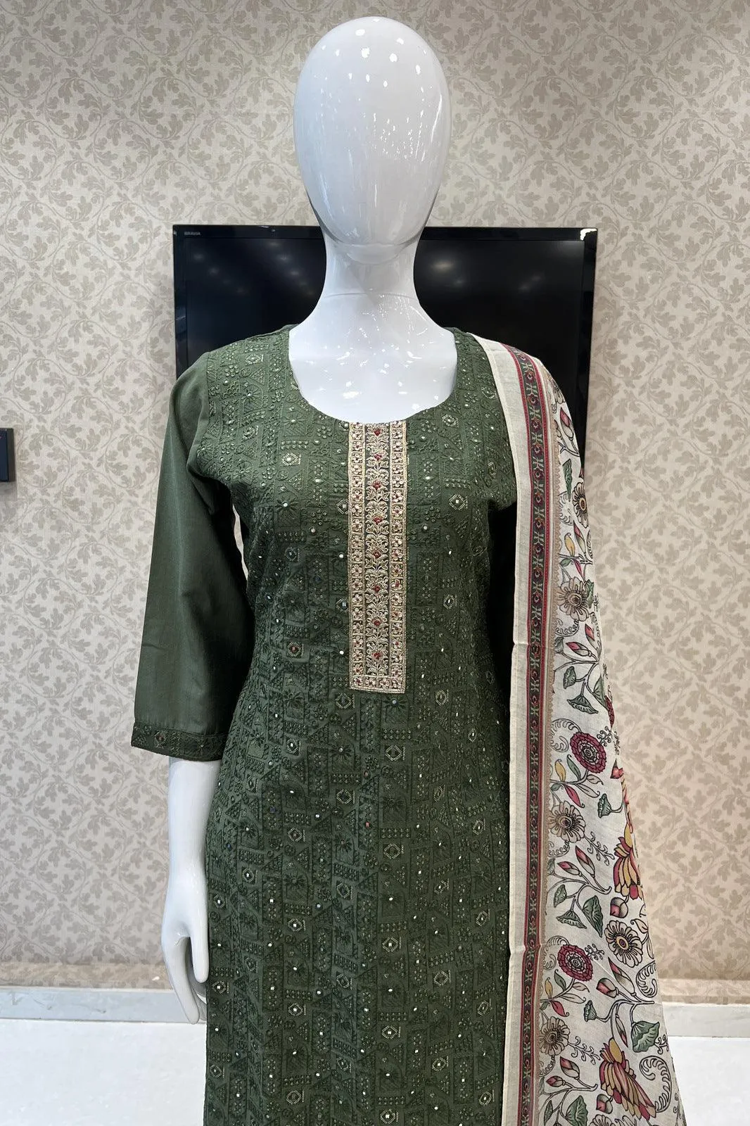 Dark Green Thread, Zari, Zardozi, Sequins and Beads work Straight Cut Salwar Suit