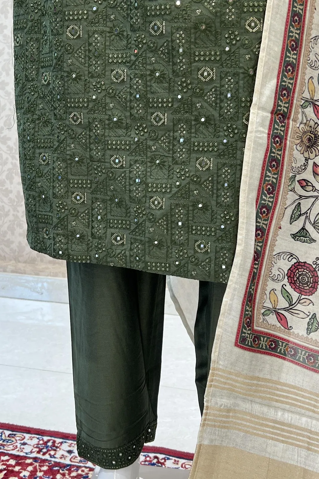 Dark Green Thread, Zari, Zardozi, Sequins and Beads work Straight Cut Salwar Suit