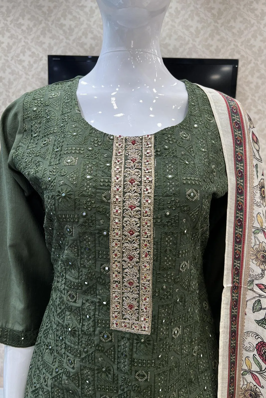 Dark Green Thread, Zari, Zardozi, Sequins and Beads work Straight Cut Salwar Suit