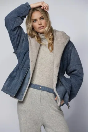 Davi Denim Down Jacket with Hood and Faux Fur