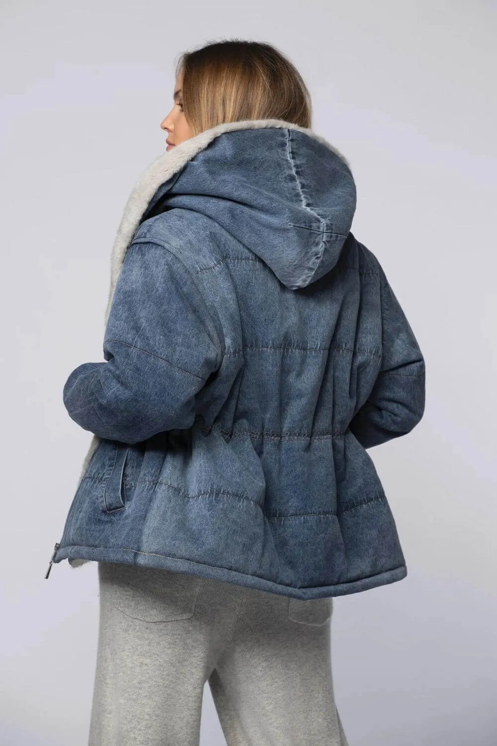 Davi Denim Down Jacket with Hood and Faux Fur