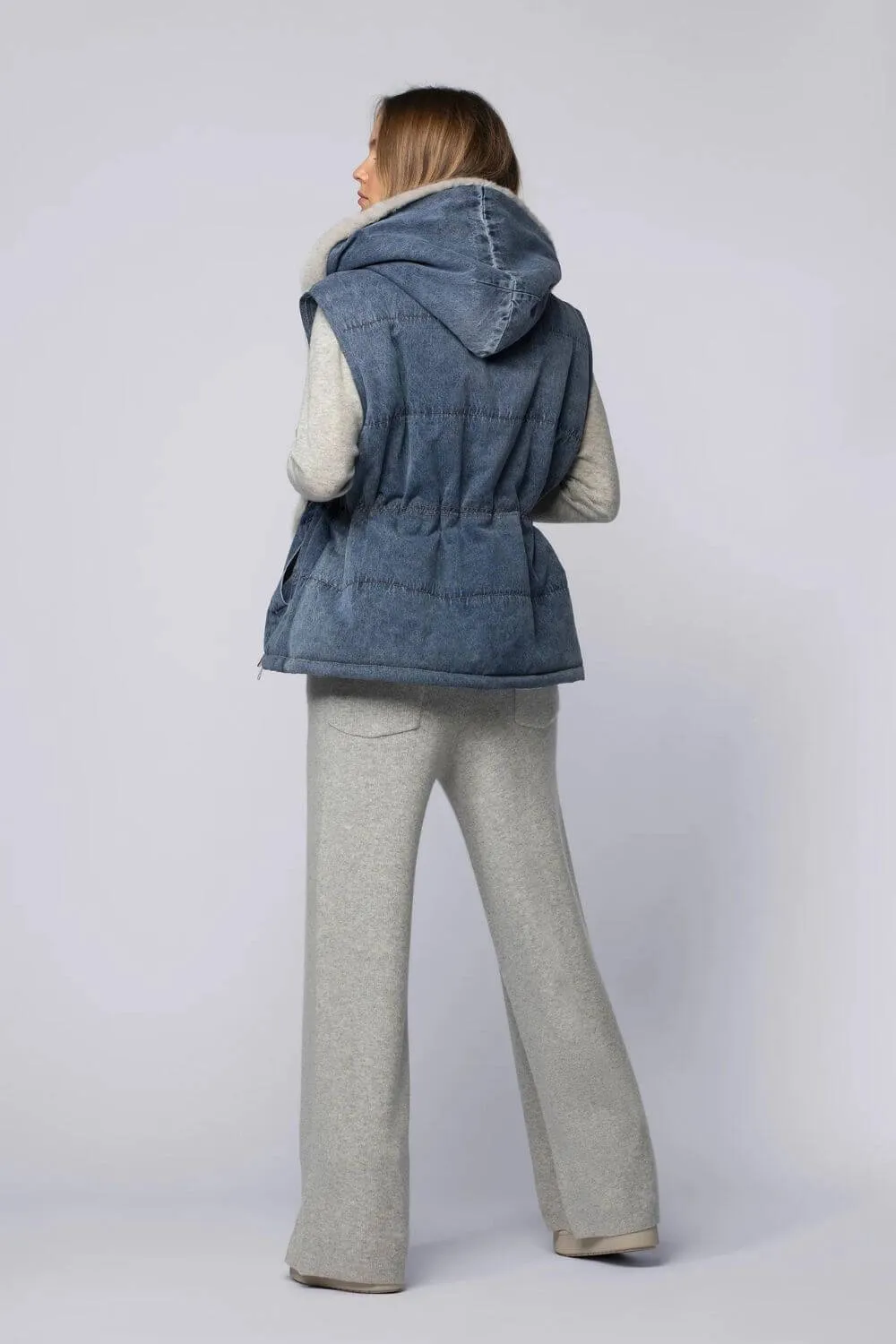 Davi Denim Down Jacket with Hood and Faux Fur