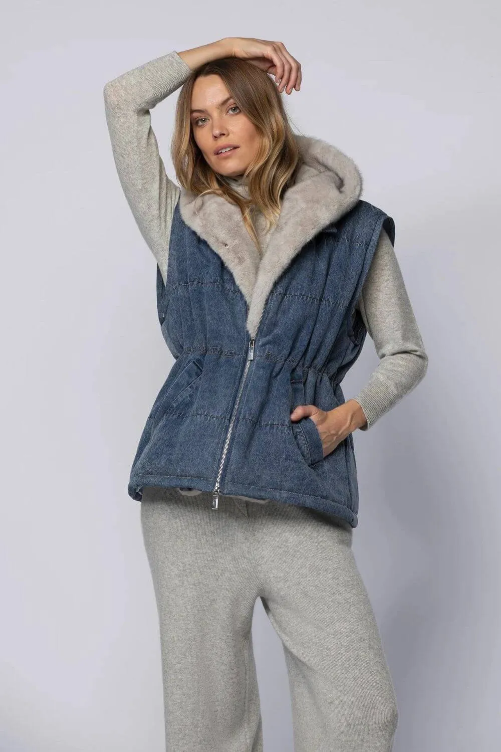 Davi Denim Down Jacket with Hood and Faux Fur