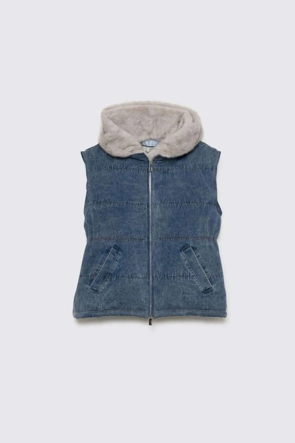 Davi Denim Down Jacket with Hood and Faux Fur