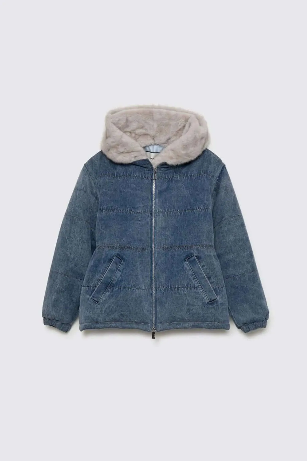 Davi Denim Down Jacket with Hood and Faux Fur